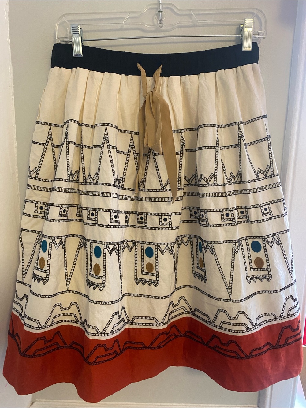 Cream Midi Skirt with Rust Hem and Tribal Trim